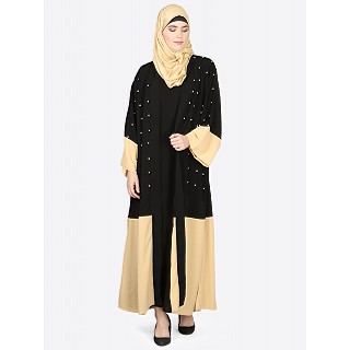 Double layered abaya- Black-Beige 